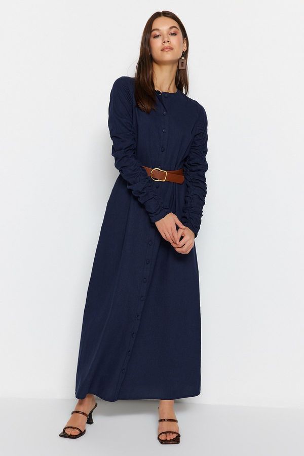 Trendyol Trendyol Navy Blue Linen-Mixed Woven Shirt Dress with Shirring Pocket Detail with Belt