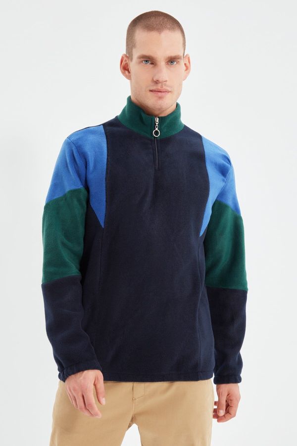 Trendyol Trendyol Navy Blue Men's Regular/Normal Cut Zippered Stand Collar Color Block Fleece Sweatshirt