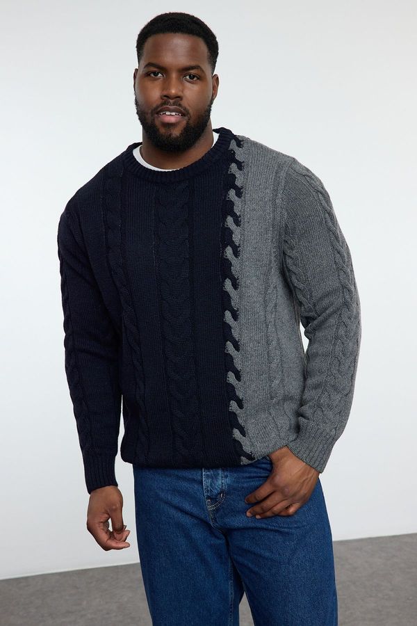 Trendyol Trendyol Navy Blue Men's Slim Fit Crew Neck Color Block Knitwear Plus Size Sweater