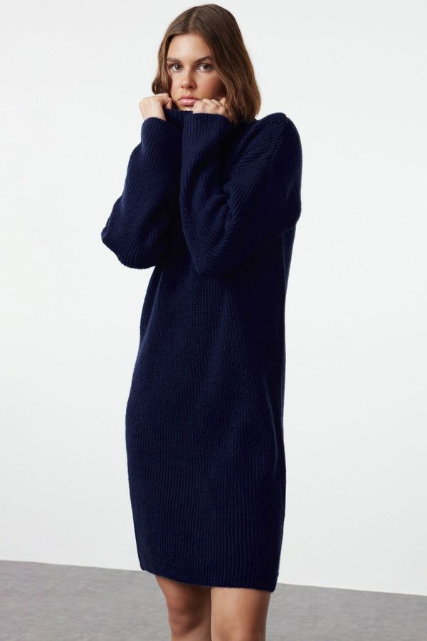 Trendyol Trendyol Navy Blue Mini Knitwear Stand Collar Soft Textured Sweater Dress