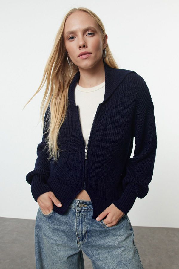 Trendyol Trendyol Navy Blue More Sustainable Soft Texture Turn-down Collar Knitwear Cardigan