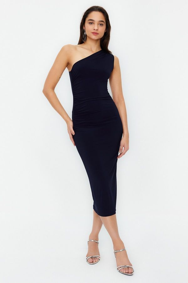 Trendyol Trendyol Navy Blue One Shoulder Draped Fitted Maxi Flexible Knitted Midi Dress