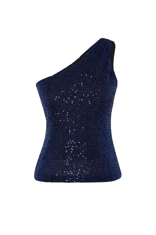 Trendyol Trendyol Navy Blue One Shoulder Knitted Sequin Blouse