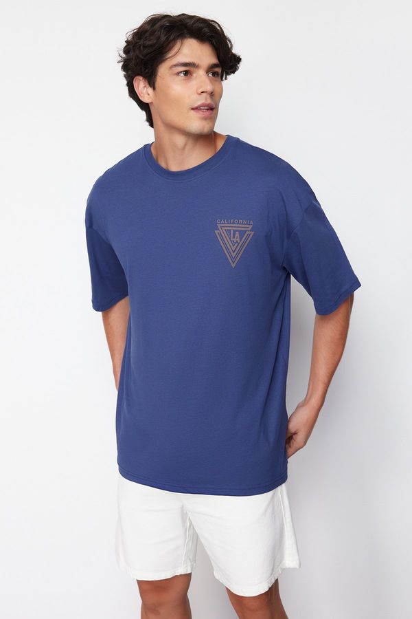 Trendyol Trendyol Navy Blue Oversize/Wide Cut Crew Neck City Printed 100% Cotton T-Shirt