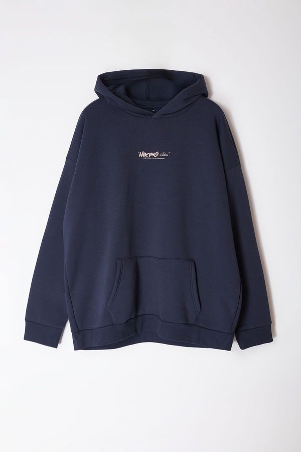 Trendyol Trendyol Navy Blue Oversize/Wide Cut Hooded Back Text Printed Plus Size Sweatshirt