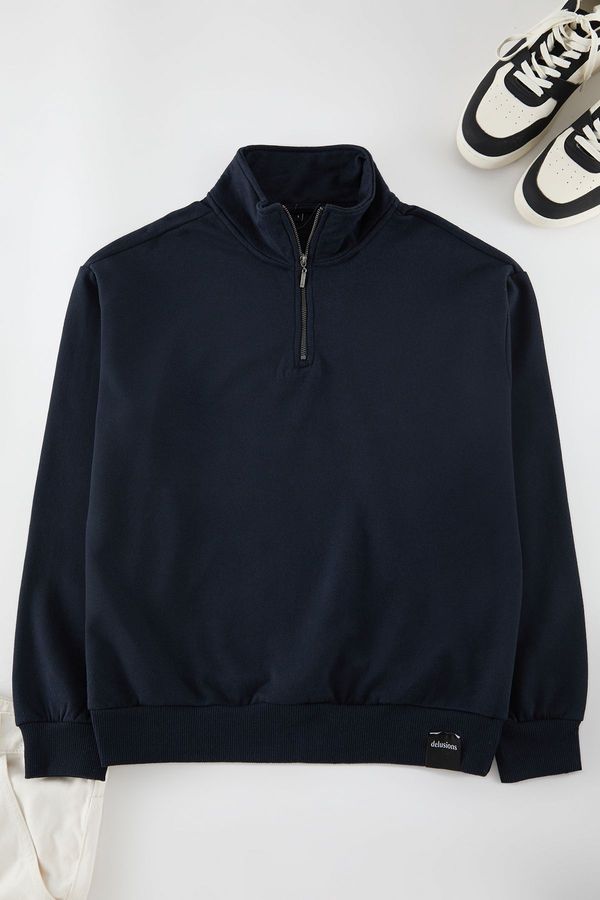 Trendyol Trendyol Navy Blue Oversize/Wide Cut Stand Collar Sweatshirt with Labeled Fleece Inside