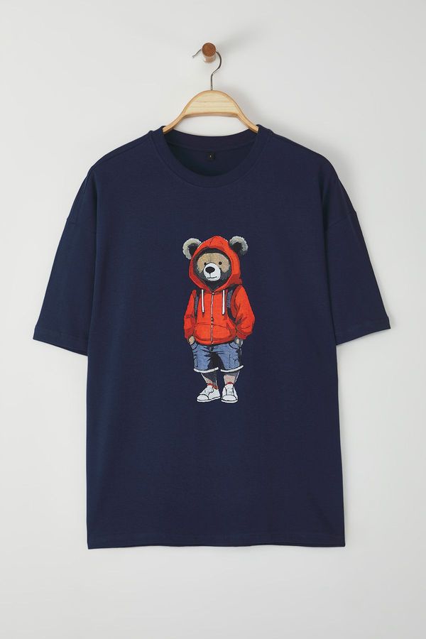 Trendyol Trendyol Navy Blue Oversize/Wide Cut Teddy Bear Printed 100% Cotton T-Shirt