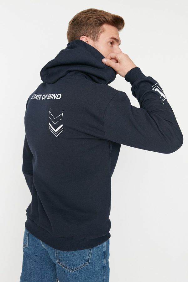 Trendyol Trendyol Navy Blue Oversize/Wide Cut Text Printed Inside Fleece/Warm Sweatshirt