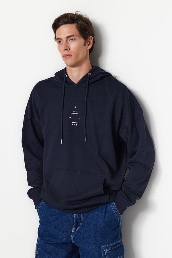 Trendyol Trendyol Navy Blue Oversize/Wide-Fit Hooded Space Printed Fleece Sweatshirt