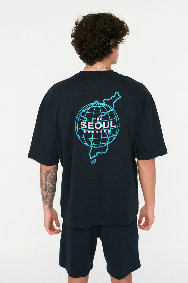 Trendyol Trendyol Navy Blue Oversize/Wide-Fit Seoul City Printed Short Sleeve 100% Cotton T-Shirt