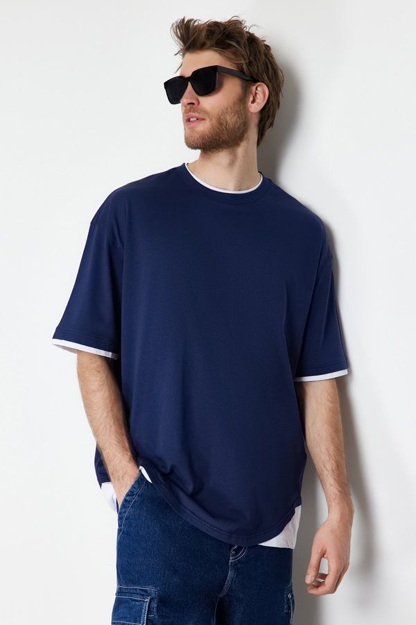 Trendyol Trendyol Navy Blue Oversize/Wide-Fit White Paneled Short Sleeve 100% Cotton T-Shirt