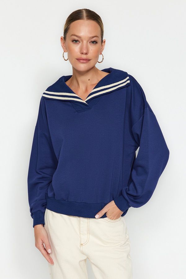 Trendyol Trendyol Navy Blue Oversize/Wide Knitwear Neck Detailed Diagonal Knitted Sweatshirt