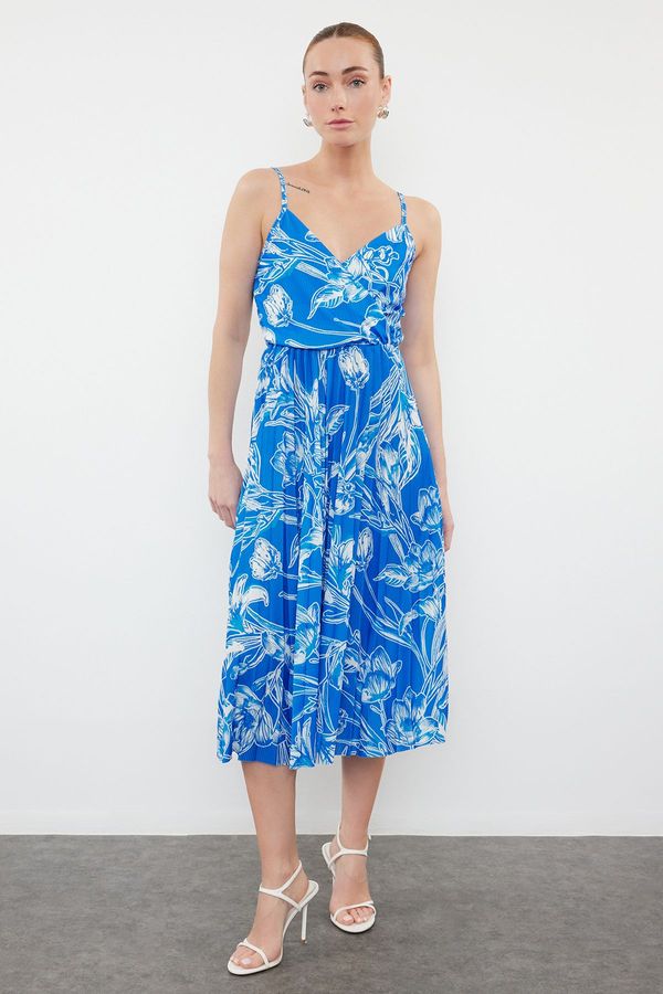 Trendyol Trendyol Navy blue Patterned Open Waist/Skater Midi Double Breasted Pleated Strap Knitted Dress