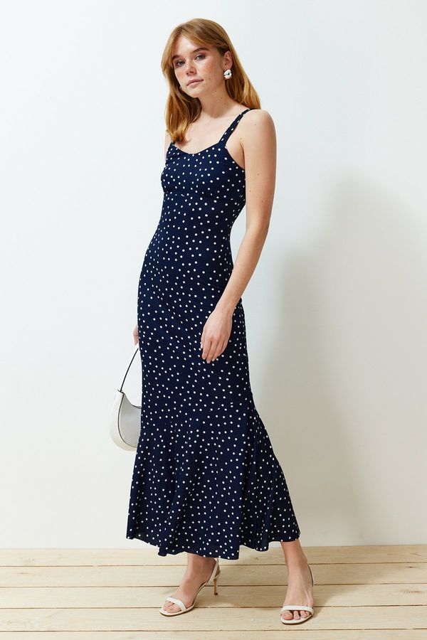 Trendyol Trendyol Navy Blue Patterned Strappy Fitted Ribbed Flexible Knitted Maxi Pencil Dress