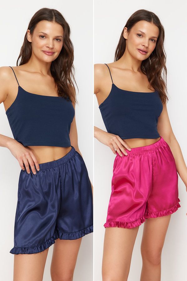 Trendyol Trendyol Navy Blue-Pink 2 Pack Ruffle Detailed Satin Woven Pajama Bottoms