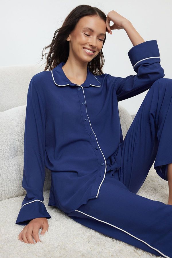 Trendyol Trendyol Navy Blue Piping Detailed Viscose Woven Pajama Set