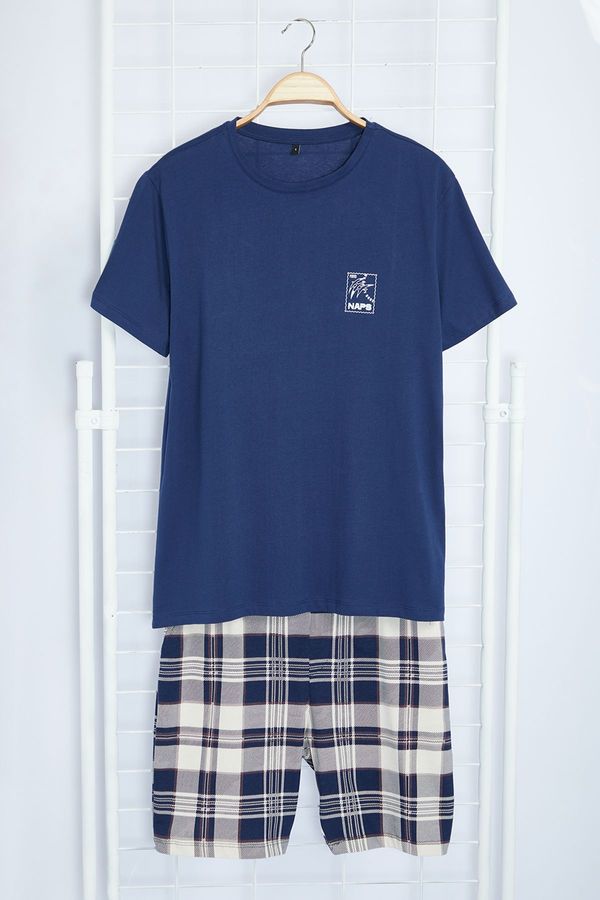 Trendyol Trendyol Navy Blue Plaid Patterned Printed Regular Fit Knitted Summer Pajama Set with Shorts TMNAW24PT00030