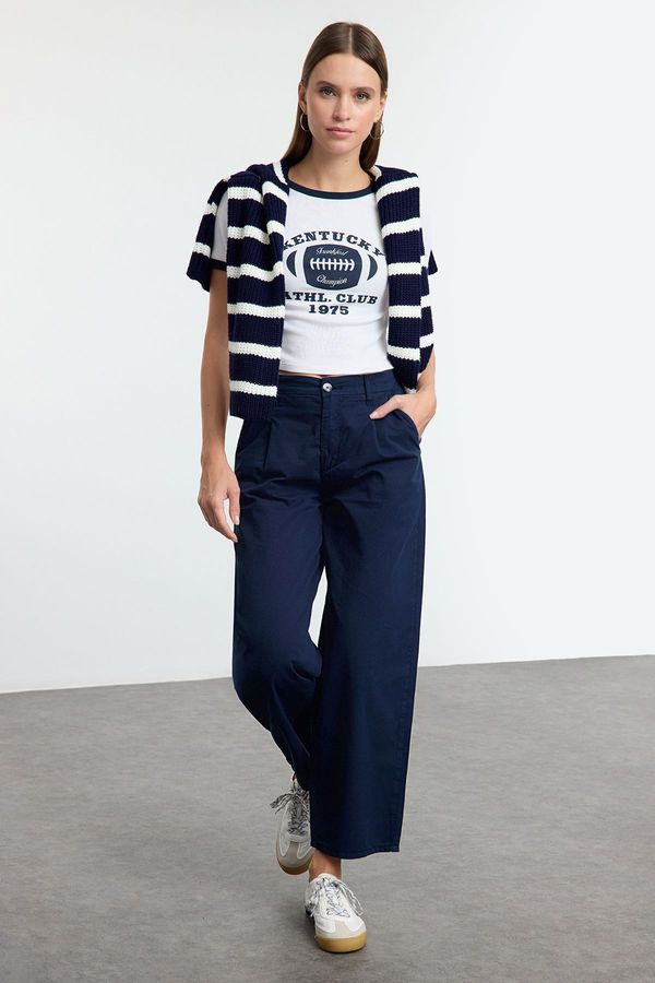 Trendyol Trendyol Navy Blue Pleated High Waist Denim Barrel Trousers