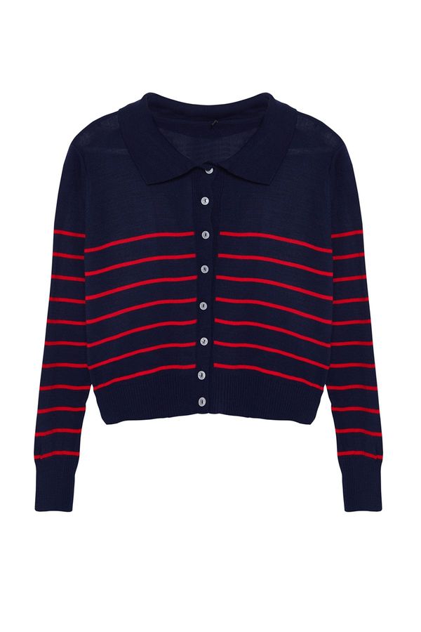 Trendyol Trendyol Navy Blue Polo Neck Striped Knitwear Cardigan