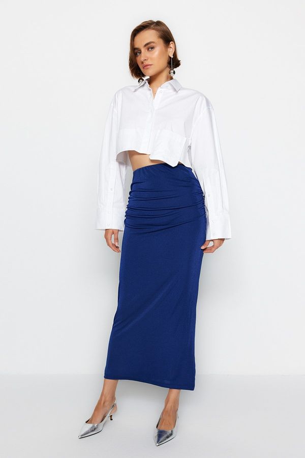 Trendyol Trendyol Navy Blue Premium with a Glossy Finish and Soft Textured Draping Maxi Knitted Skirt
