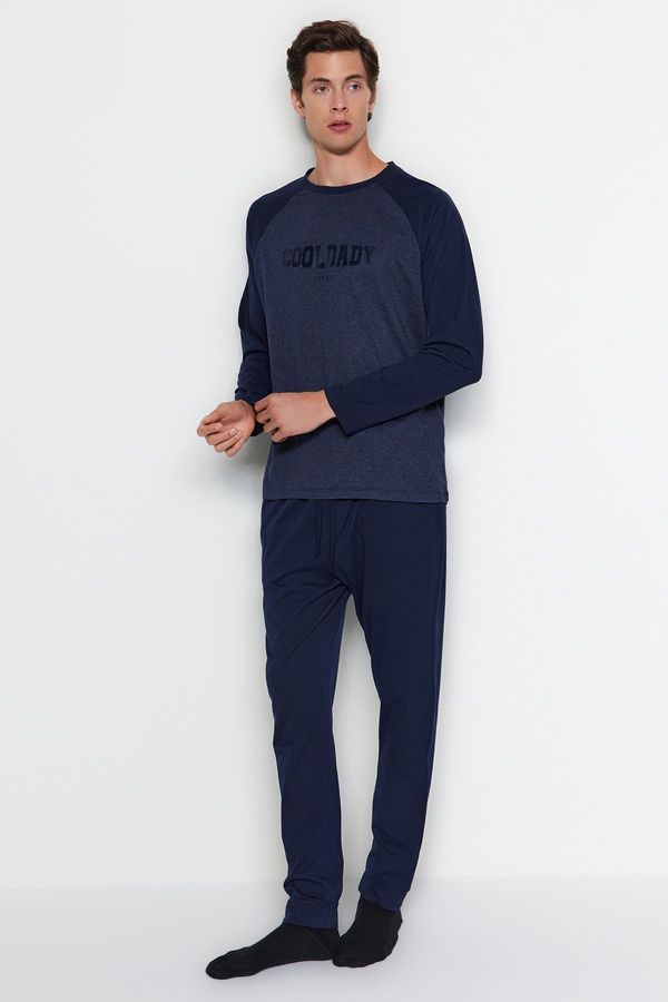 Trendyol Trendyol Navy Blue Printed Raglan Sleeve Knitted Pajamas Set