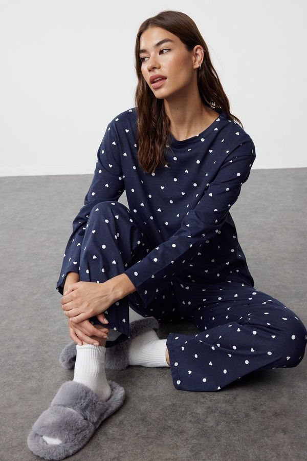 Trendyol Trendyol Navy Blue Printed Single Jersey Knitted Pajama Set