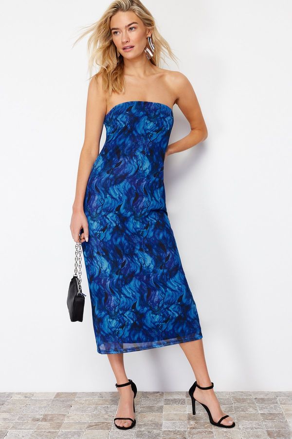 Trendyol Trendyol Navy Blue Printed Tulle Lined Strapless Midi Knitted Dress