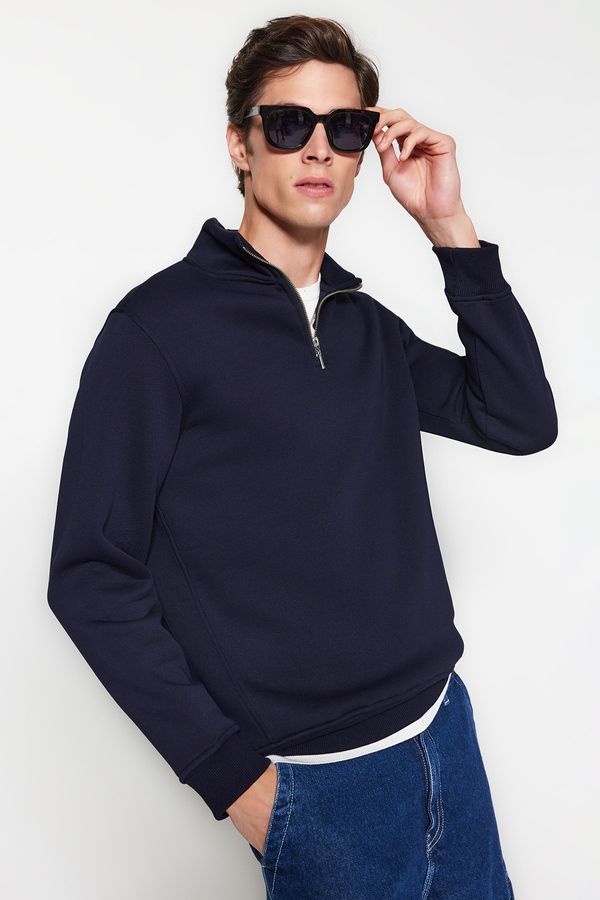 Trendyol Trendyol Navy Blue Regular Cut Stand Collar Zippered Cotton Basic Sweatshirt
