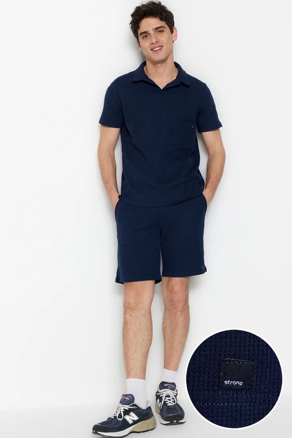 Trendyol Trendyol Navy Blue Regular Cut Textured Fabric Labeled Polo Collar Tracksuit Set