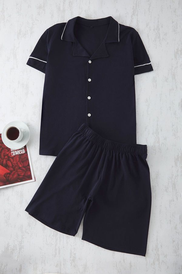 Trendyol Trendyol Navy Blue Regular Fit Buttoned Piping Detail Knitted Pajama Set with Shorts