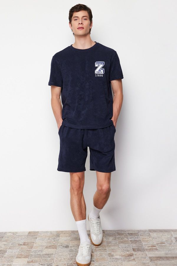 Trendyol Trendyol Navy Blue Regular Fit Embroidered Terry Fabric Pajamas Set