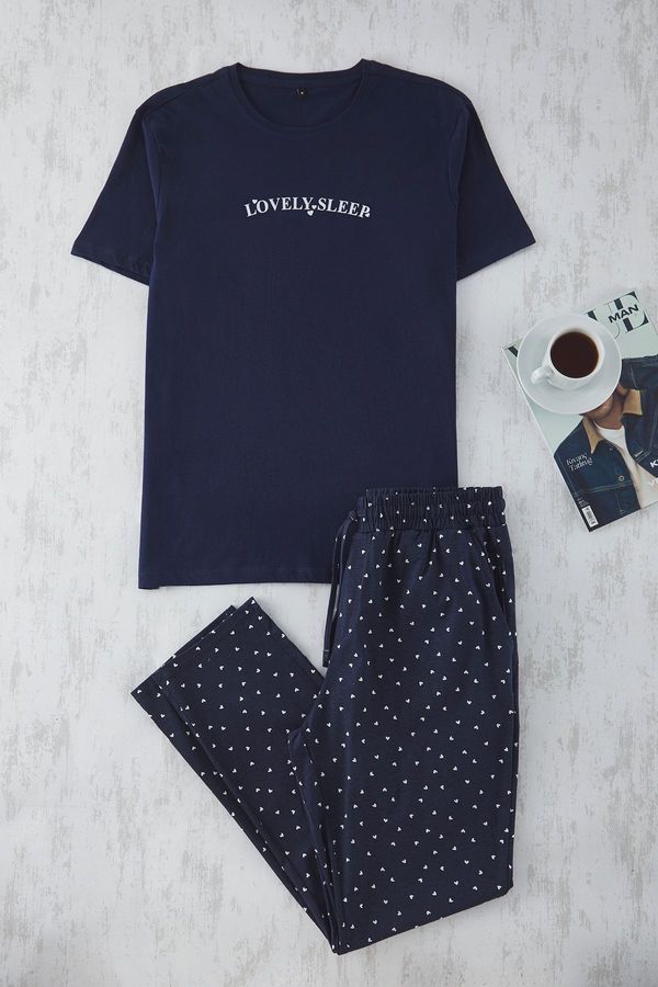 Trendyol Trendyol Navy Blue Regular Fit Hearted Pair 100% Cotton Knitted Pajama Set