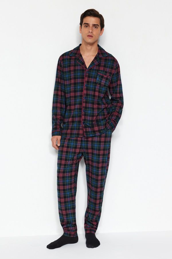 Trendyol Trendyol Navy Blue Regular Fit Plaid Knitted 100% Cotton Pajama Set