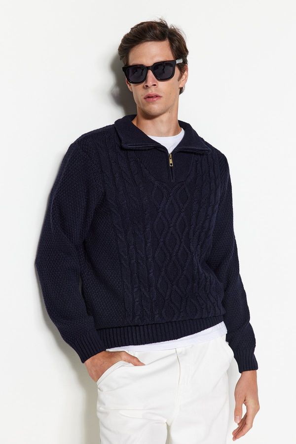 Trendyol Trendyol Navy Blue Regular Fit Zippered Half Turtleneck Knitwear Sweater