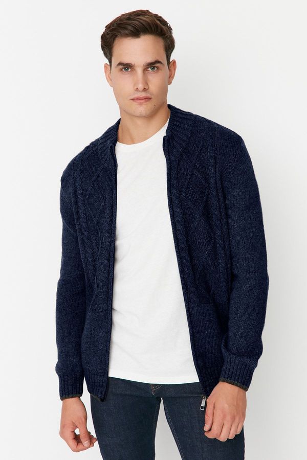 Trendyol Trendyol Navy Blue Regular Wool Half Turtleneck Baklava Knitwear Cardigan