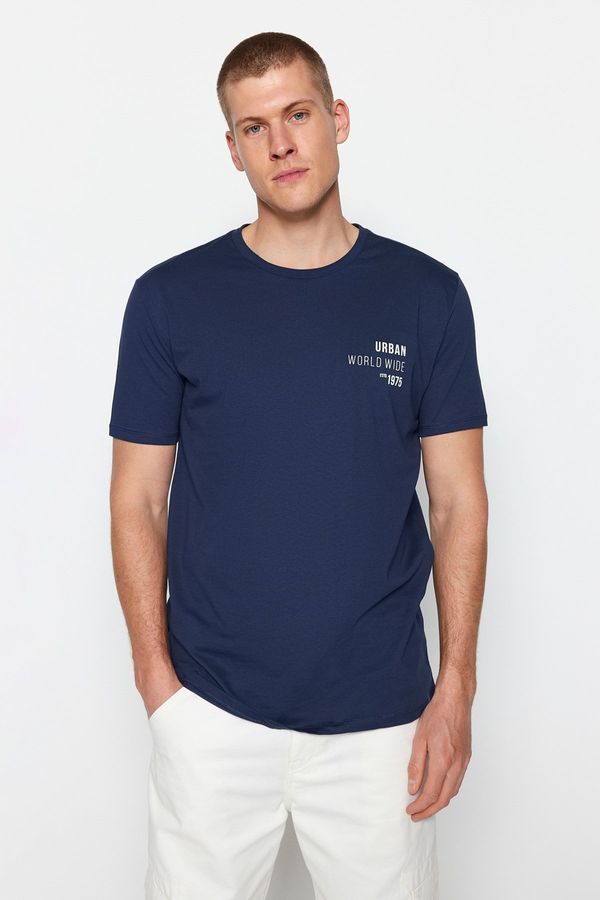 Trendyol Trendyol Navy Blue Regular/Regular Cut Text Printed Crew Neck 100% Cotton T-Shirt