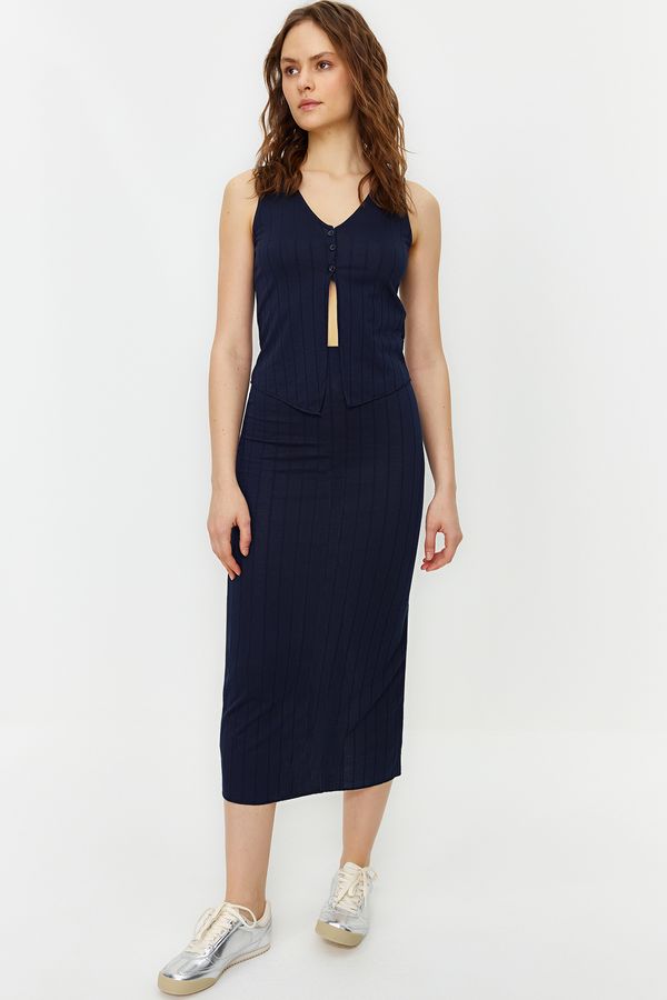 Trendyol Trendyol Navy Blue Ribbed Button Detailed Elastic Midi Skirt Knitted Two Piece Set