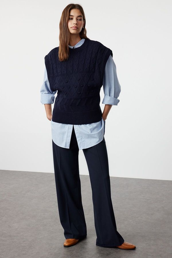 Trendyol Trendyol Navy Blue Self-Patterned Crew Neck Knitwear Sweater