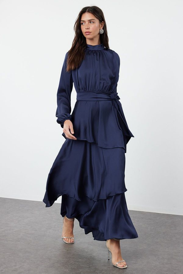 Trendyol Trendyol Navy Blue Skirt Layered Satin Woven Evening Dress/Night Dress