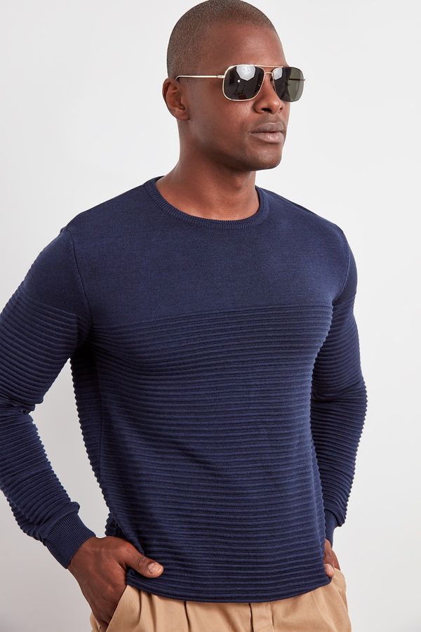 Trendyol Trendyol Navy Blue Slim Fit Crew Neck Textured Knitwear Sweater