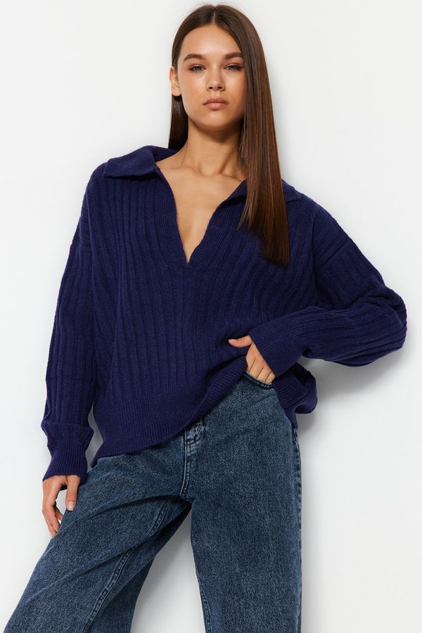 Trendyol Trendyol Navy Blue Soft Textured Polo Collar Knitwear Sweater