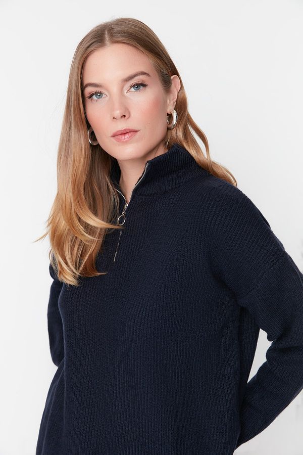 Trendyol Trendyol Navy Blue Soft Textured Zippered Knitwear Sweater