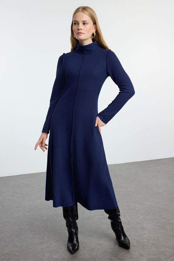 Trendyol Trendyol Navy Blue Square Stitched A-Line/A-Line Formal Thessaloniki/Knitwear Look Midi Knitted Dress