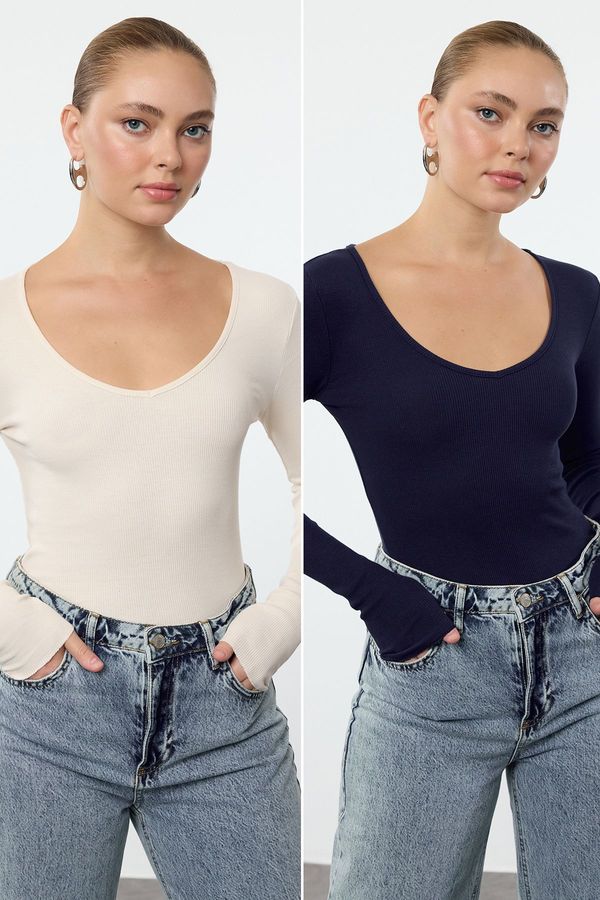 Trendyol Trendyol Navy Blue-Stone 2 Pack V-Neck Fitted Cotton Stretchy Knitted Blouse