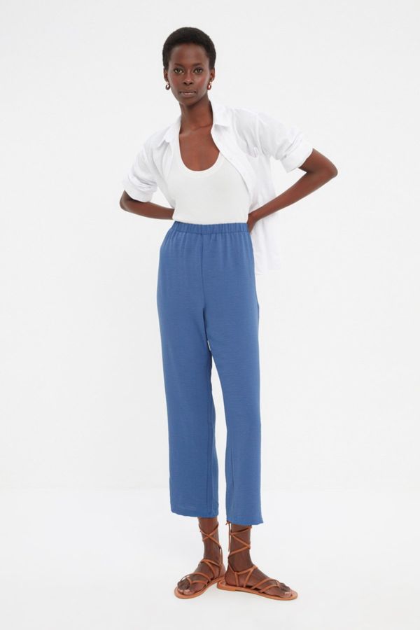 Trendyol Trendyol Navy Blue Straight Cut High Waist Woven Trousers with Elastic Waist