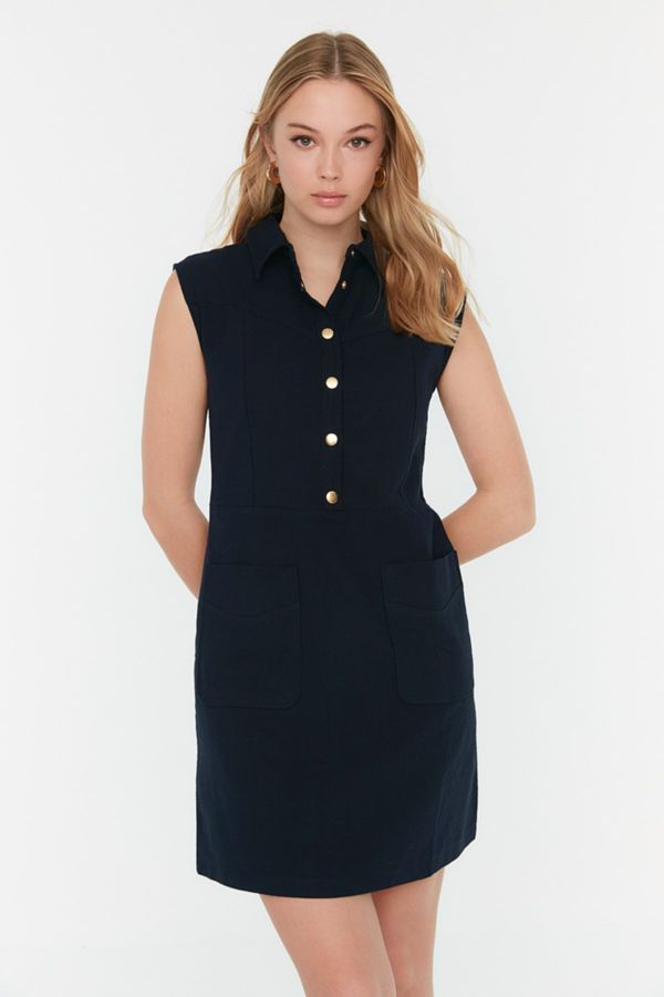Trendyol Trendyol Navy Blue Straight Cut Pocket Shirt Collar Linen Look Mini Woven Dress