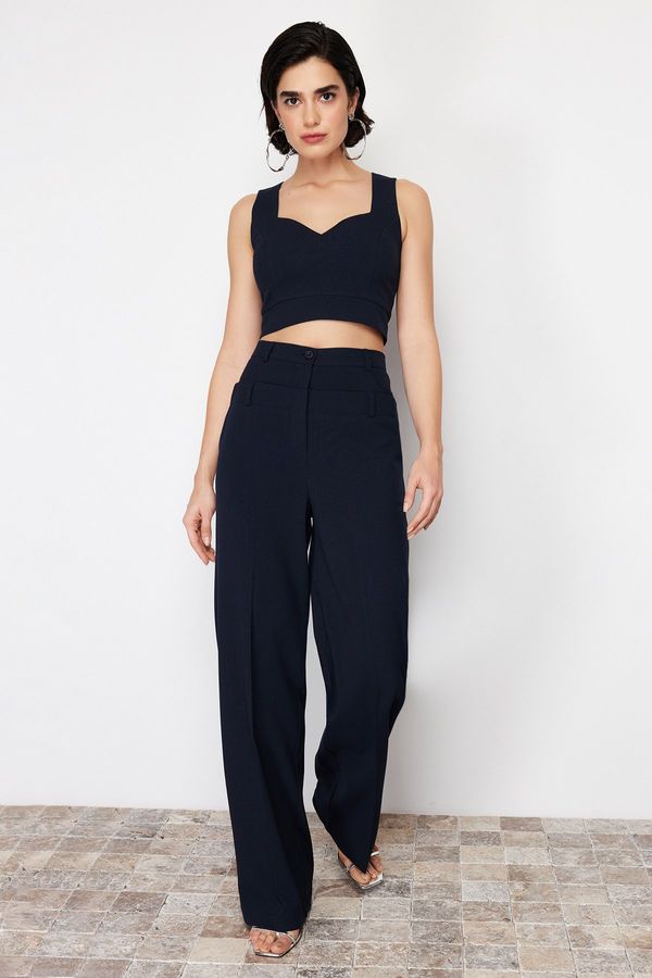 Trendyol Trendyol Navy Blue Straight/Straight Cut Polyviscon Waist Detailed Woven Trousers