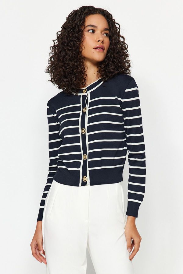 Trendyol Trendyol Navy Blue Striped Buttoned Jacket-Look Knitwear Cardigan