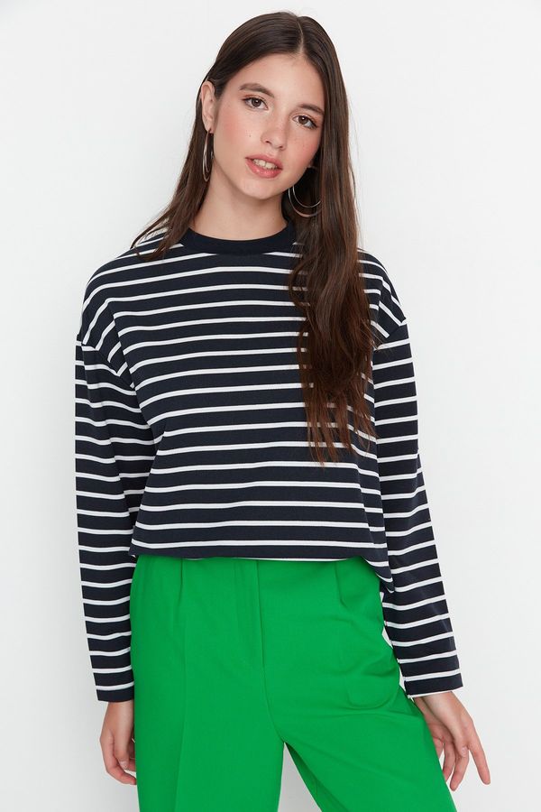 Trendyol Trendyol Navy Blue Striped Oversize/Wide Cut Crew Neck Slim Knit Sweatshirt