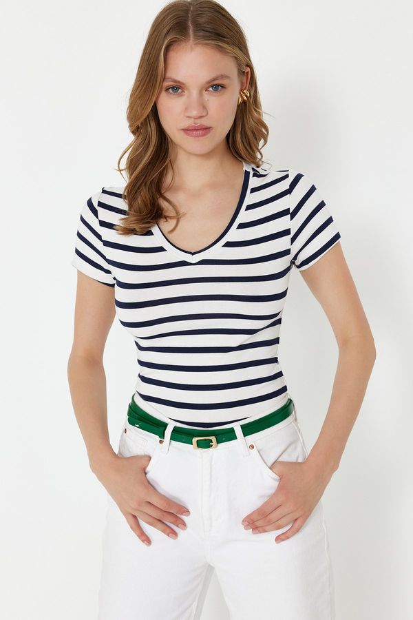 Trendyol Trendyol Navy Blue Striped Premium Viscose/Soft Fabric V-Neck Fitted Stretchy Knitted Blouse